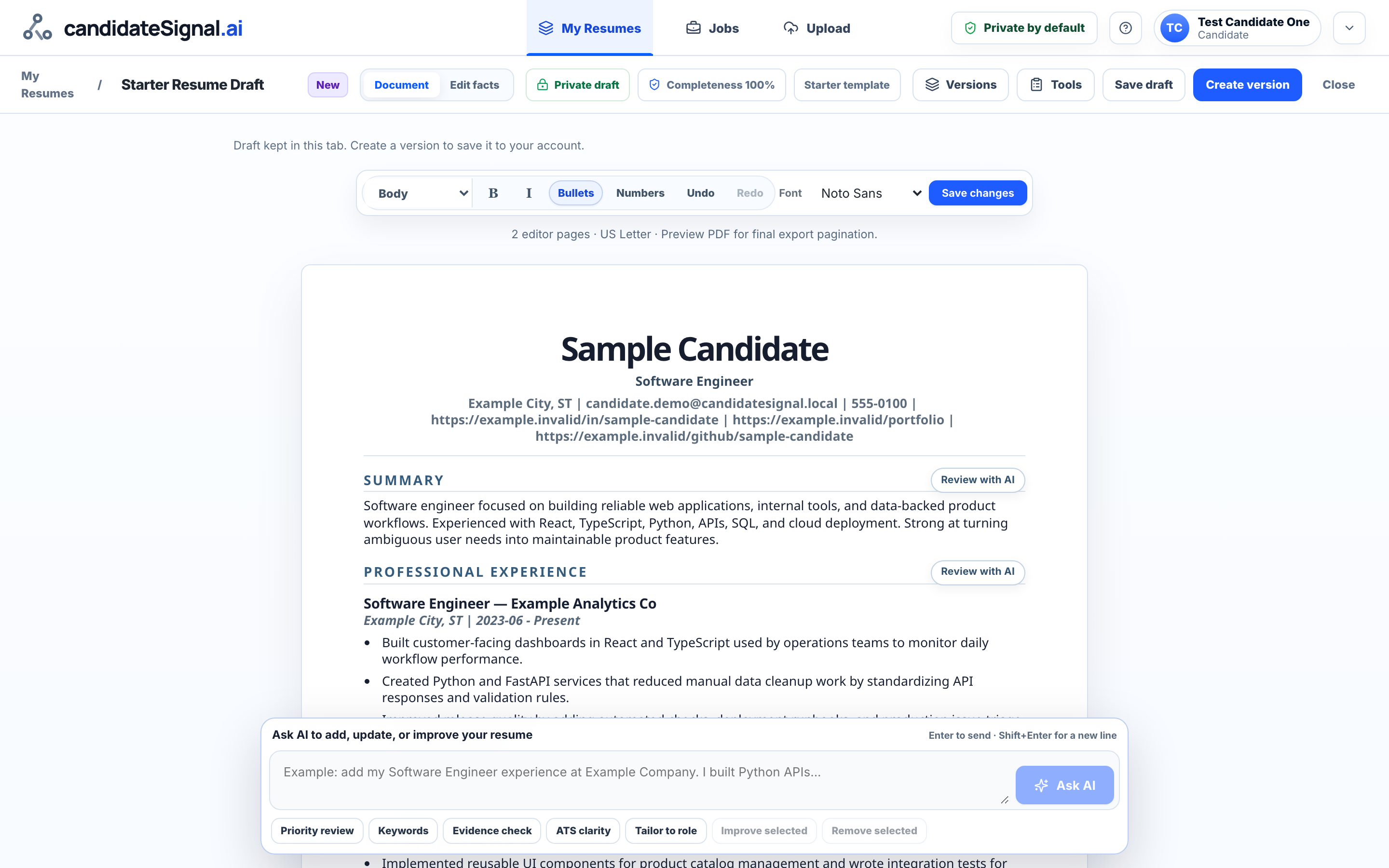 Current candidate resume editor with fictional sample data